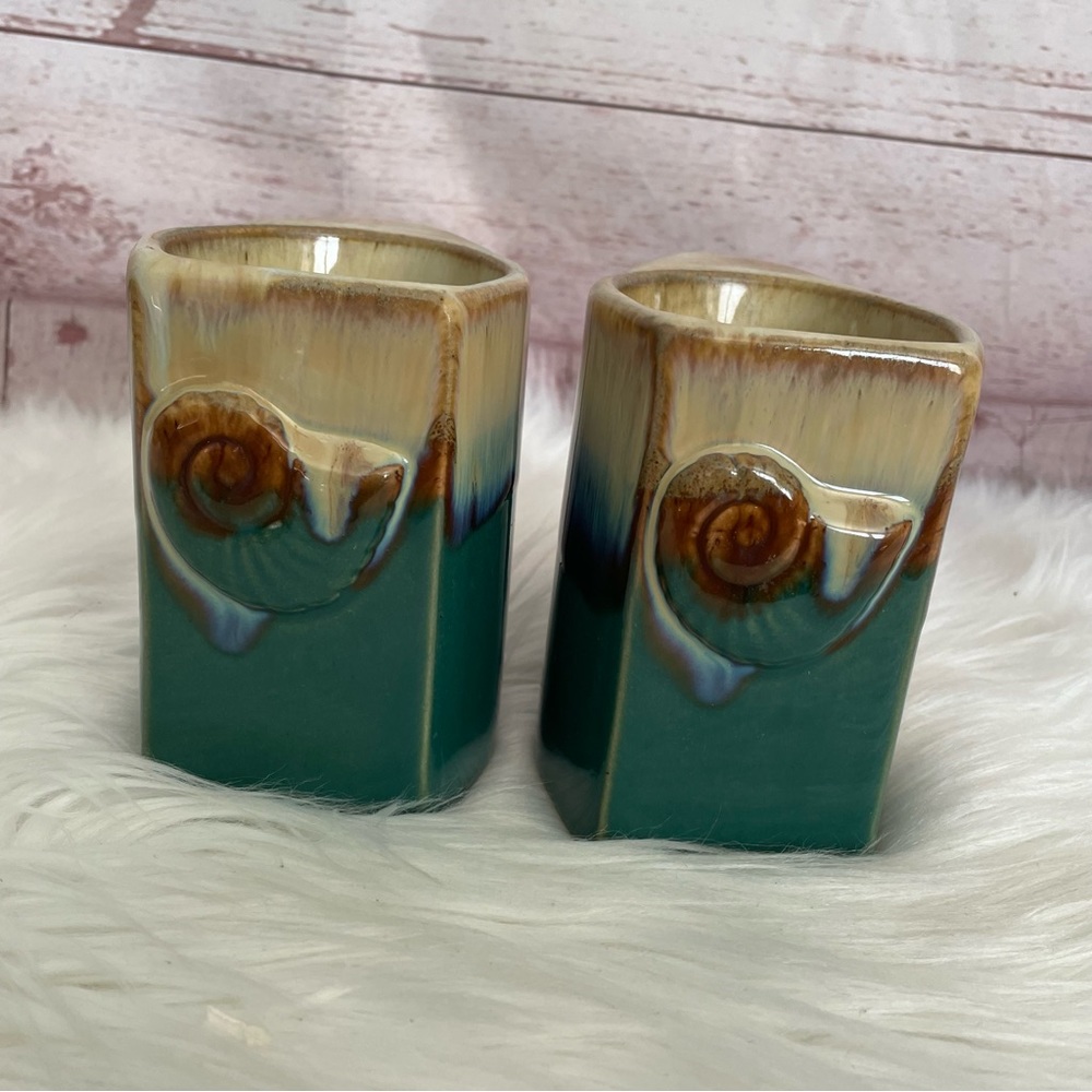 Rodolfo Padilla Stoneware Pottery Drip Glaze Coffee Mugs Signed Seashell